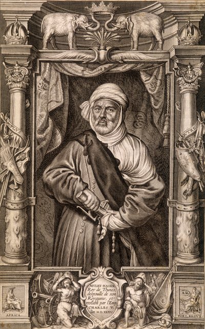 Portrett av Muley Hazen (maurisk konge), kongen av Thunes fratatt sitt rike og gjenopprettet av keiser Charles V, Tunisia 1535. av Unknown artist