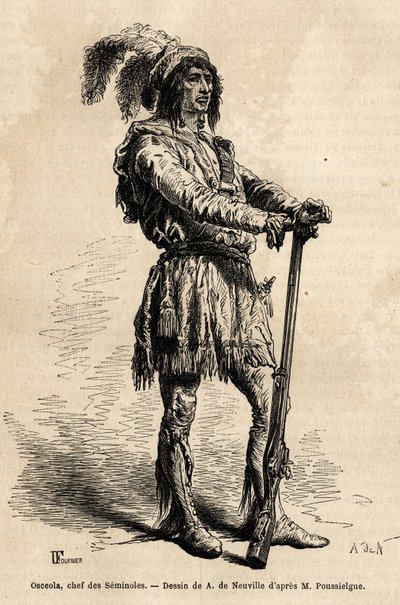 Portrett av Osceola (1804-1838), leder av seminoler, i spissen for den indiske motstanden mot USA under Florida-krigen (1835-1842). Gravering for å illustrere historien fire måneder i Florida, av Achille Pousselgue i 1851-1852, utgitt av Unknown artist
