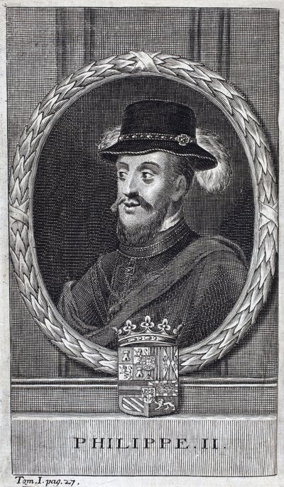 Portrett av Filip II av Spania (Felipe) (1527-1598), konge av Spania og Portugal. Gravering for å illustrere "History of the War of Flanders", av Flamianus Strada, utgave Joseph T