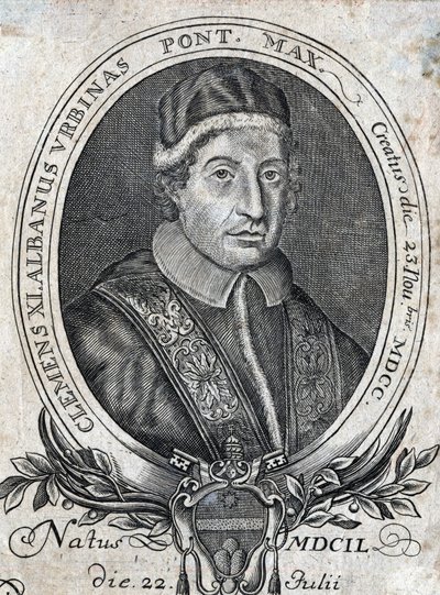 Portrett av pave Clement XI (Gianfrancesco Albani) (1649 - 1721), 241. pave. 1700-talls gravering av Unknown artist
