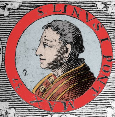 Portrett av pave Lin (Linus, San Lino) eveque av Roma og etterfølger av Peter. 1. århundre. Gravering fra 1800-tallet. av Unknown artist