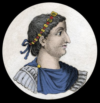 Portrett av Theodosius I (Flavius Theodosius) (347-395), romersk keiser, gravering fra 1800-tallet. av Unknown artist