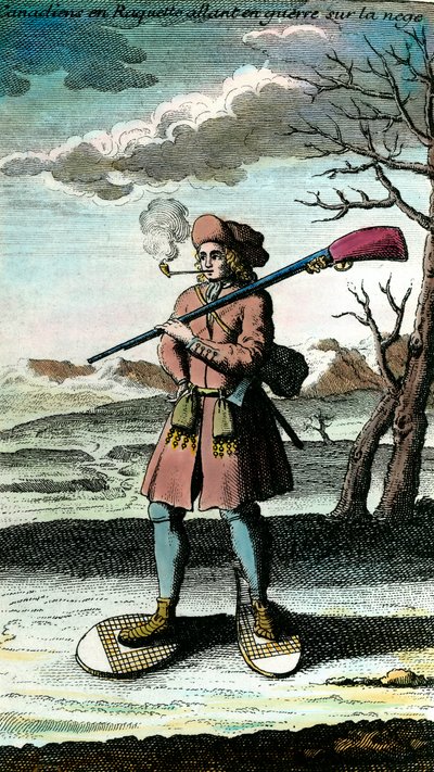 Portrett av en kanadier i truger på snøen som går til krig. 1700-talls gravering. Privat samling. av Unknown artist