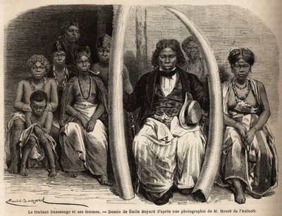 Portrett av en afrikansk elfenbensforhandler omgir konene hans. Tegning av Emile Bayard (1837-1891), for å illustrere reisen til Gabon, i 1861-64, til doktor Griffon du Bellay. Gravering i "" Le tour du monde"", redigert av Edouard Charton av Unknown artist