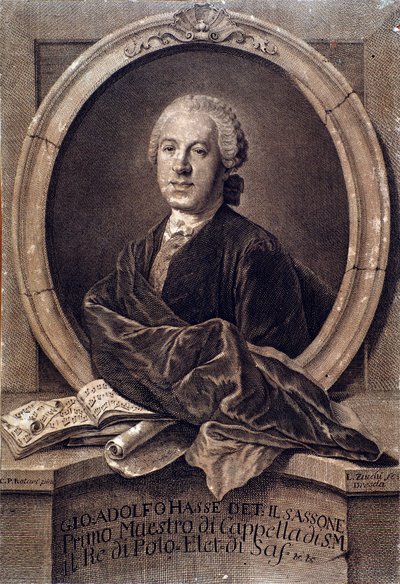 Portrett av den engelske komponisten Johann Adolf Hasse (1699-1783) Gravering. 18. århundre. Bologna, civico museo musico av Unknown artist