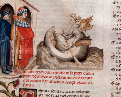 Portrett av den italienske poeten Dante Alighieri ser på Charon båten hans som krysser Acheron med sjelene (sang 3 fra helvete, i den guddommelige komedie) - miniatyr 1400-tallet av Unknown artist