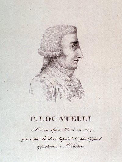 Portrett av den italienske fiolinisten og komponisten Pietro Locatelli (1695-1762) Gravering. 18. århundre. Bologna, borgermuseum for musikk av Unknown artist