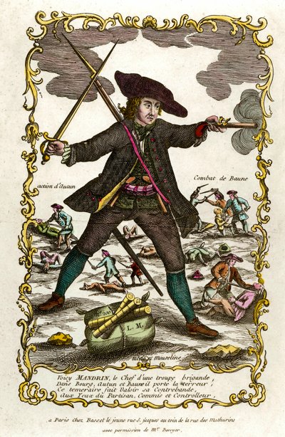 Portrett av den franske briganden Louis Mandrin (ca. 1725-1755). Bak ham, Autuns handling og Baunes kamp. Gravering fra 1700-tallet. Privat samling av Unknown artist