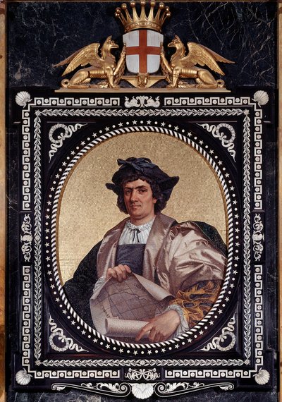 Portrett av den italienske navigatøren Christopher Columbus (Christopher Columbus, Cristoforo Colombo, Cristobal Colon) (1451-1506) Mosaique av Unknown artist
