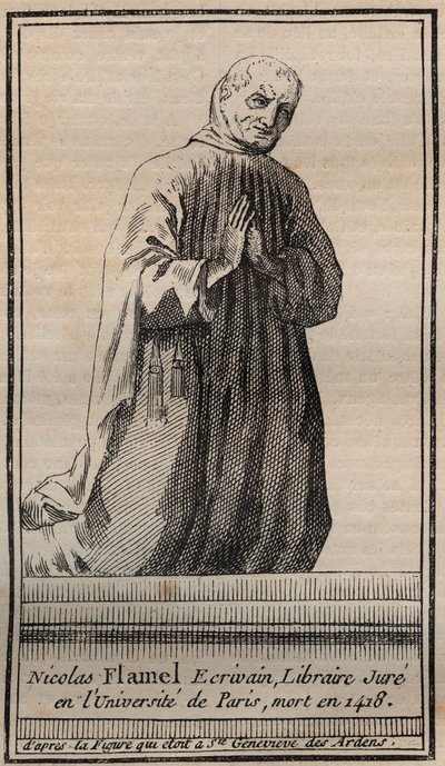 Portrett av den franske alkymisten Nicolas Flamel (1330-1418) - Gravering - Portrett av den engelske alkymisten Nicolas Flamel - Gravering Privat samling av Unknown artist