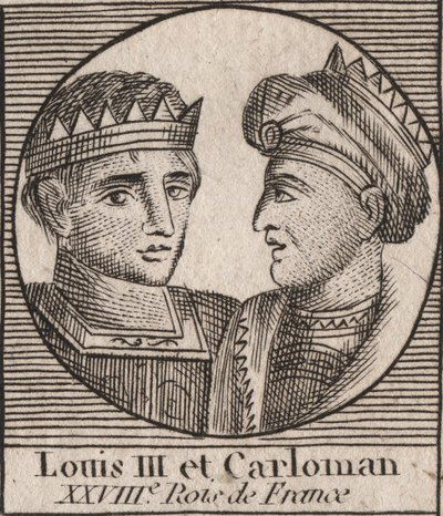 Portretter av Ludvig III (863/65-882) Francenes konge mellom 879 og 882 og Carloman II (866–884), Francenes konge fra 879 til 884 - Ludvig II, kongen av Vest-Francia og Carloman II, kongen av Vest-Frankrike Francia - gravering fra "Instruction sur l