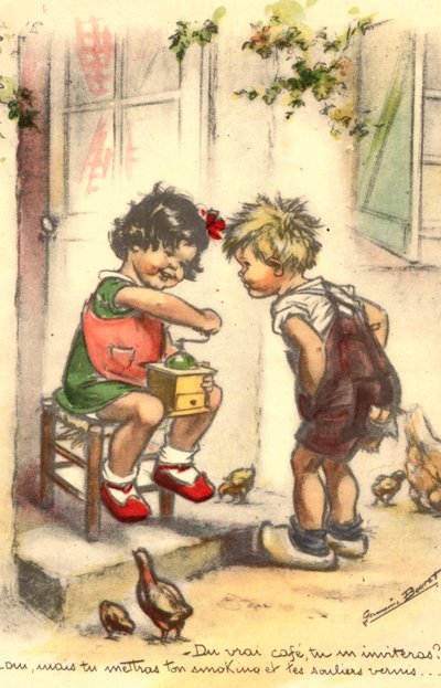 Postkort, Kitsch, to barn med kaffekvern, jente og gutt av Unknown artist