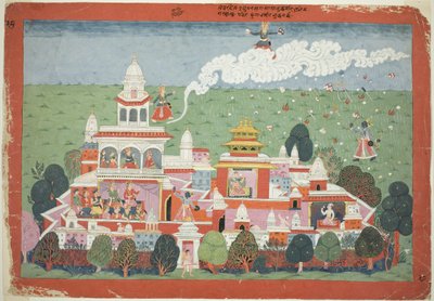 Pradyumna går inn i demonen Sambars palass og utfordrer ham til kamp, side fra et spredt Bhagavata Purana-manuskript av Unknown artist