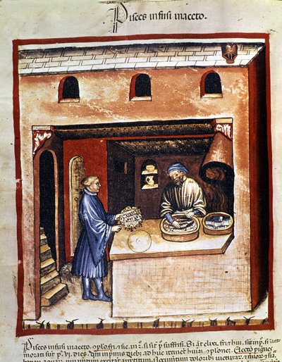 Tilberedning av marin fisk i eddik. Belysning fra melking av medisin og diett "" Tacuinum sanitatis"" av Unknown artist