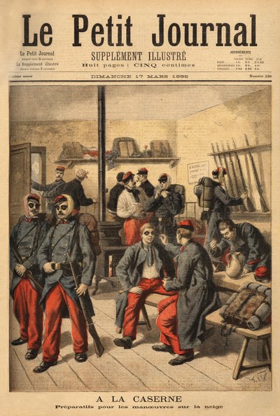 Forbereder seg på manøvrer på snøen, i stedet for å bruke briller med røykbriller, er soldatene omgitt av svart sot. Gravering i "" Le petit journal"" 17/03/1895. Selvas samling. av Unknown artist