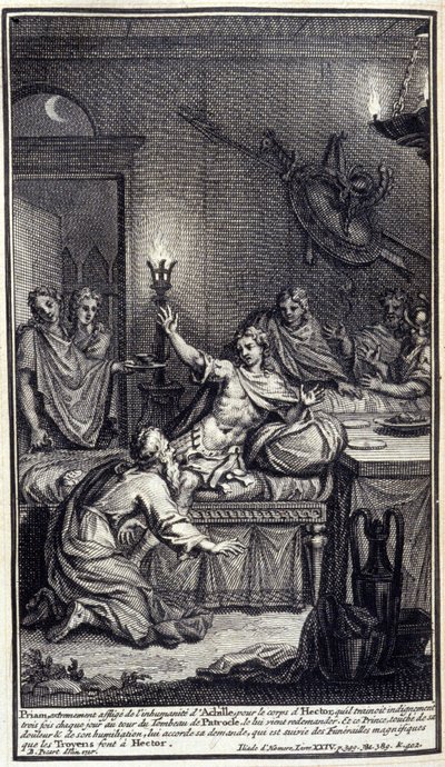Priam, ekstremt plaget av Achilles umenneskelighet, for Hectors kropp, som han dro tre ganger hver dag rundt Patrokles grav, kommer for å spørre ham igjen. Og denne prinsen, berørt av sin smerte og ydmykelse, innvilger ham hans anmodning, som av Unknown artist