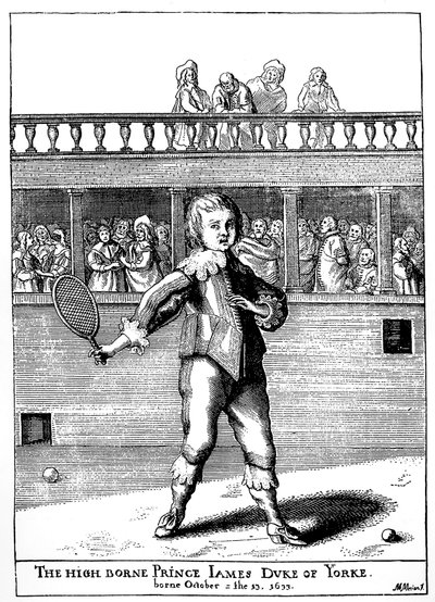 Prins James, hertug av York (1633-1701) som spilte palmespill, kom senere tilbake som James II av England (James II Stuart) - i "" sportene og tidsfordrivene til folket i England"" av Joseph Strutt, ed 1801 av Unknown artist
