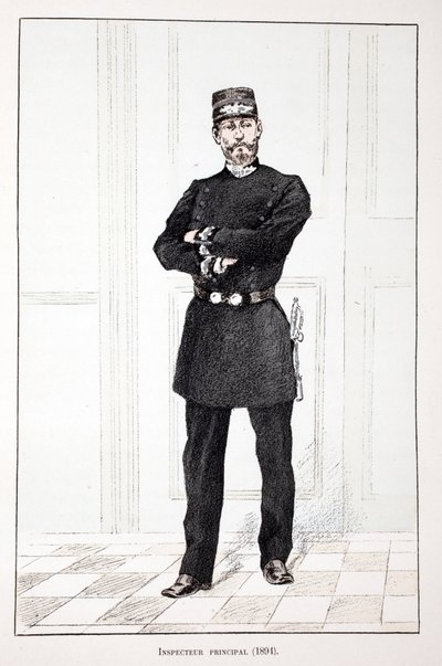Hovedinspektør (1894). Etsning i farger, for illustrasjon "" History of the corps of peacekeepers""" bok utgitt i regi av Louis Lepine (1846-1933), prefekt for politiet på Seinen, av Alfred Rey (1864-?) og Louis Feron (1862) -?) av Unknown artist