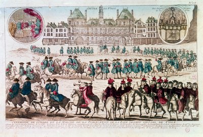 Prosesjon i anledning fredspubliseringsseremonien foran Rådhuset (Place de Greve). Gravering av det 18. århundre B.N. Paris av Unknown artist
