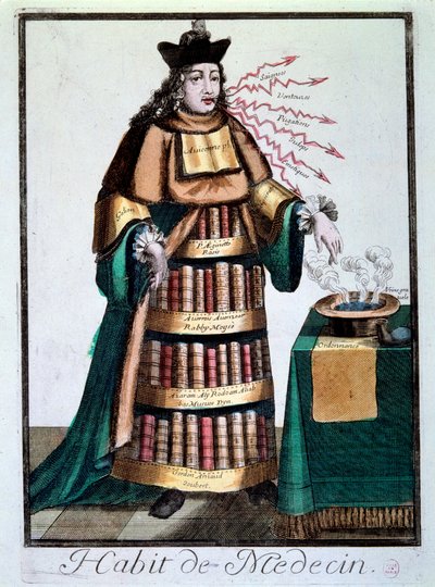Yrke: "" doktorens kjole"" En mann som har på seg bøkene til Galien, Avicenna (Avicenna) som betegner et basseng som inneholder en væske, en resept og siterer behandlinger. Gravering av Paris fra 1700-tallet, Musee Carnavalet av Unknown artist