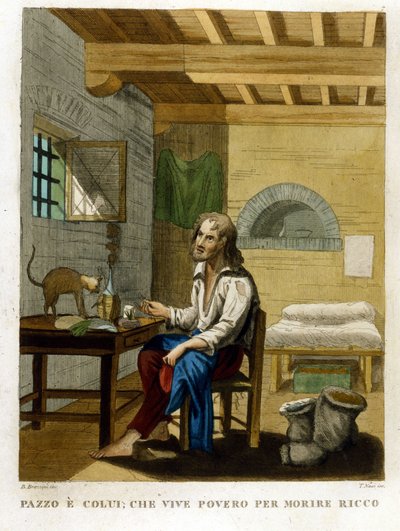 Ordtak som illustrerer grådighet: «Å leve fattig for å dø rik». av Unknown artist