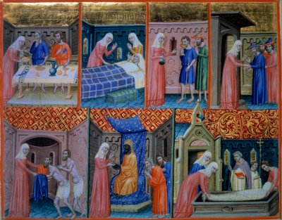 Salme 88: Nestekjærlighet. Kvinne som serverer to fattige ved bordet, besøker en syk person, drikker to fanger, tar imot reisende, gir klær, kjøper fanger og begraver en død mann. Miniatyr i "" Psalter of Canterbury"" (f.156v), v.1200-1 av Unknown artist