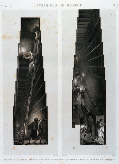 Pyramids of Memphis: utsikt over det øvre galleriet til den store pyramiden, tatt fra øvre og nedre lager - i "" Description of Egypt"", Imperial Editions av Unknown artist