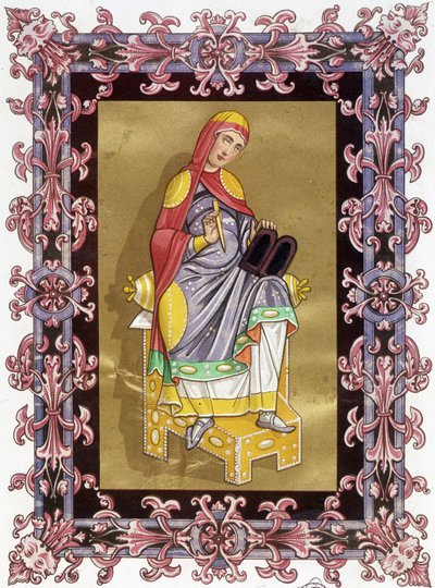 Radegonde (ca. 520 - 587), dronning av Frankrike, hustru til Clotaire (Clothaire) I. Kromolitografi fra 1800-tallet basert på belysning. av Unknown artist
