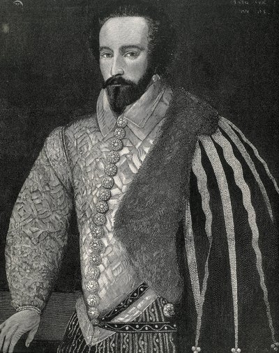 Raleigh, Sir Walter (1554–1618). Engelsk sjømann, oppdagelsesreisende og megler. Portrett av Sir Walter Raleigh. Gravert i 1891, utført etter en anonym original som er bevart i National Portrait Gallery i London. Gravering. av Unknown artist