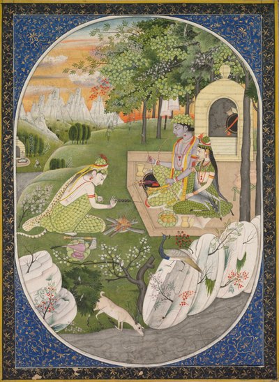 Rama, Sita og Lakshmana i skogen, side fra Ramayana (Tales of God Rama) av Unknown artist