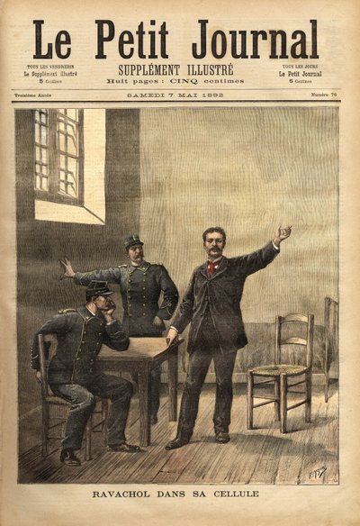 Ravachol (1859-1892, eller Francois Claudius Koenigsberg) i sin celle, etter at han ble avhørt ved assizene 26. april av Unknown artist