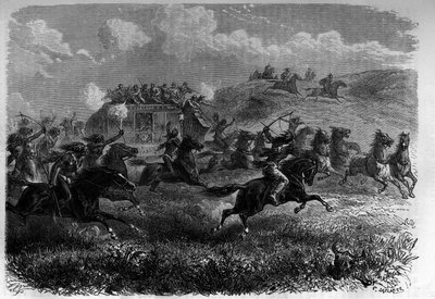Red Skin Riders attacking a diligence in the Prairie. Engraving in “Le journal de la jeunesse”” av Unknown artist