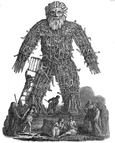 Religion of the Gauls: Human sacrifice among the Gauls. In the great public clamites, or before entering a campaign against a formidable enemy, the Druids had introduced the use of human holocausts. A huge mannequin representing a man was built, filled wit av Unknown artist