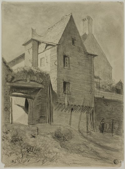 Resten av det gamle slottet innlemmet i gården av Unknown artist