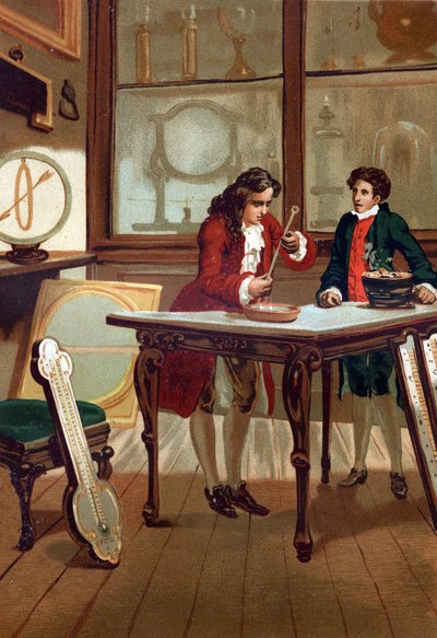 René Antoine Ferchault de Réaumur (1683-1757), French chemist and physicist, building his thermometer in 1730. after “La Ciencia y sus Hombres par Louis Figuier”” Barcelona 1881 av Unknown artist