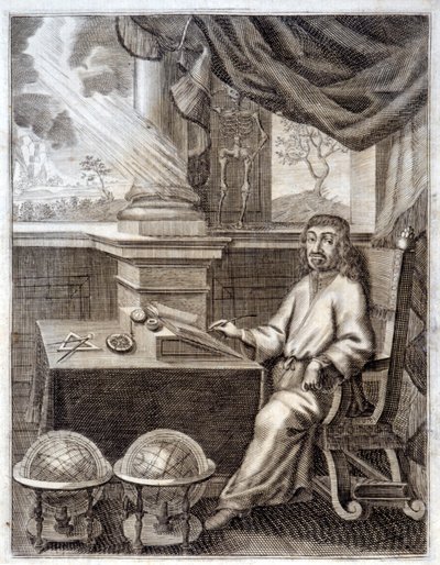 René Descartes (1596 - 1650) på kontoret sitt med vitenskapelig utstyr. Gravering fra 1600-tallet. av Unknown artist