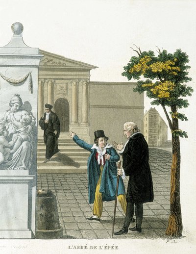 Representasjon Charles Michel de l'Epee (1712-1789) dit l'abbe de l'Epee, fransk pedagog. Han utviklet et kommunikasjonssystem for døvestumme. Gravering av 1800-tallet. av Unknown artist