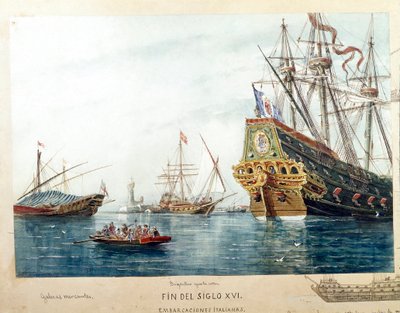 Representasjon av italienske skip, galeres, brigantine fra 1500-tallet (Akvarell av Unknown artist