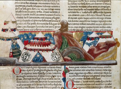 Representasjon av Jules Cesar (101-44 f.Kr.) som sitter i nærheten av sin militærleir. Detalj av en manuskriptside “” Facts of the Romans”” (Ms 1538, fol. 24v) rundt 1340 Firenze, Biblioteca Riccardiana av Unknown artist