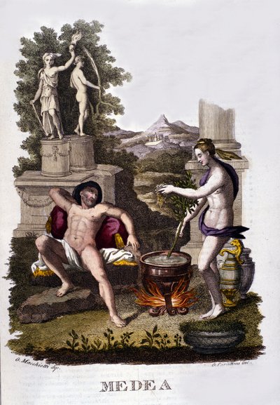 Representasjon av Medea som forbereder forbannelsene sine etter syklusen til argonauter. Gravering av 1800-tallet. av Unknown artist