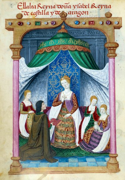 Representasjon av dronning Isabella av Portugal Isabella av Aragon (1271-1336) omgitt av sine ledsagere og Pedro Marcuello som tilbyr henne boken sin. Manuskriptside hentet fra "" Collection of devotion of Queen Joan the Folle (1479-1555) of Spai av Unknown artist