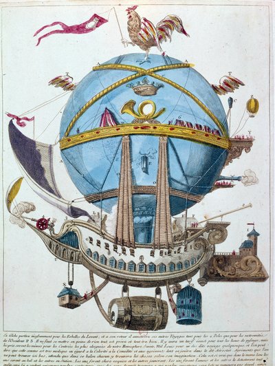 Representasjon av en reise i en ballong, satirisk gravering fra 1700-tallet. av Unknown artist