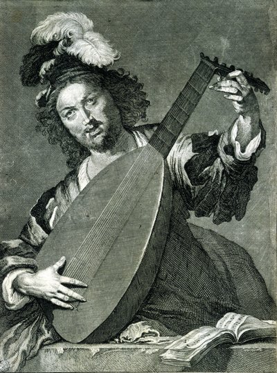 Representasjon av en lutspiller som stemmer instrumentet sitt. av Unknown artist