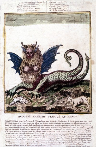Representasjon av et monster funnet i en Perou-innsjø: det har et menneskelig ansikt, horn, dragevinger, en løvemanke, en reptilkropp, en kvinnes bryst. Populært trykk fra 1700-tallet. av Unknown artist