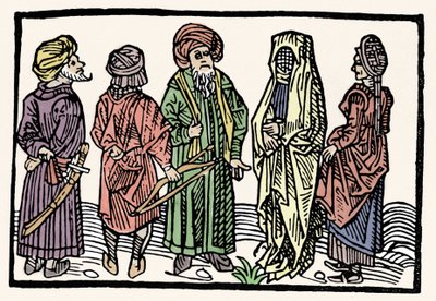Representasjon av bokhvete. Menn med armer med sammenflettede hoder og tilslørte kvinner. Xylografi fra 1400-tallet av Unknown artist