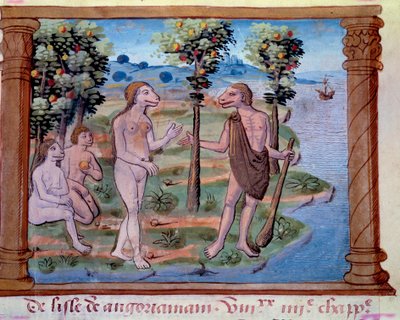 Representasjon av monstrøse skapninger med en menneskekropp og hundehode. Miniatyr hentet fra "" Mongolenes historie kalt av oss tartarer, beskrivelse av skikker, geografi, historie og fremtredende skikkelser av det mongolske folket"",  av Unknown artist