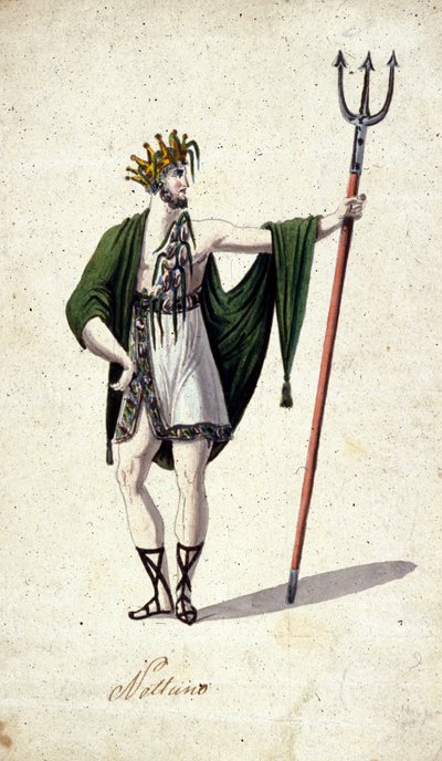Representasjon av den romerske guden Neptun som holder en trefork (identifiserer den greske Poseidon). Akvarell fra 1700-tallet. av Unknown artist
