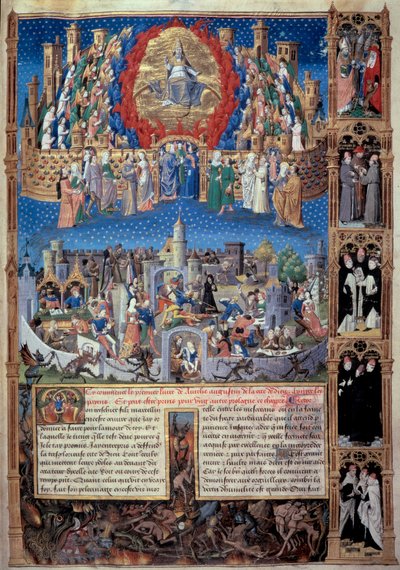 Representasjon av Guds by (celeste) og menneskenes by (jordisk) Miniatyr hentet fra "" De civitate dei"" (Guds by) av Saint Augustine of Hippo (354-430), oversatt av Raoul de Presles ca. 1480. Macon kommunale bibliotek av Unknown artist
