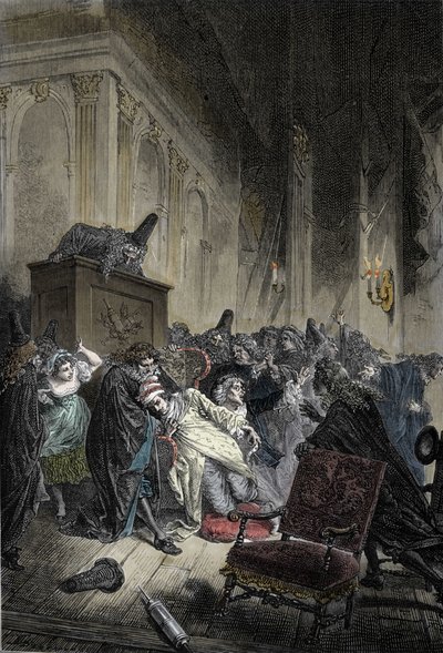 Representasjon av døden til Jean-Baptiste Poquelin, dit Moliere (1622-1673), død av lungetetthet under en representasjon av den "imaginære syke"" 17.02.1673 av Unknown artist