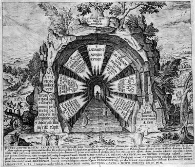 Representasjon av inngangen til House of Mysteres, symbolsk for evig liv. Gravering av "Amphitheatrum sapientiae aeternae". (Amphitheatre of eternal visdom) [Hamburg: sn av Unknown artist